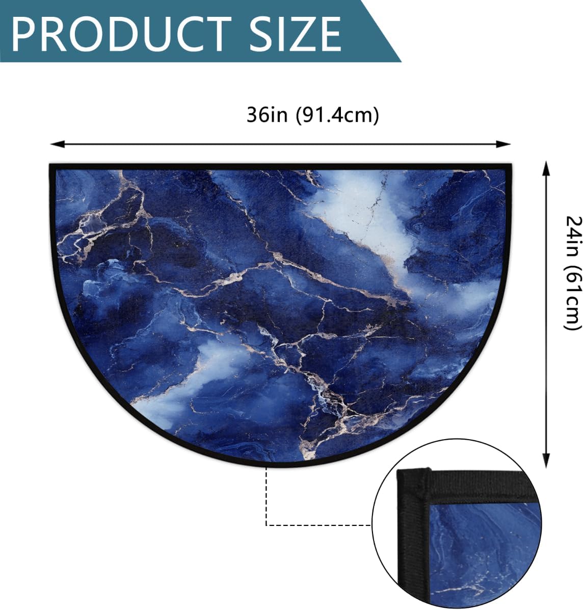 Half Round Door Mat Blue Marble Semi Circle Area Rug Washable Half Moon Bathroom Rugs Entryway Rug for Indoor Outdoor Kitchen Hearth Fireplace Floor Welcome Carpet Low Profile