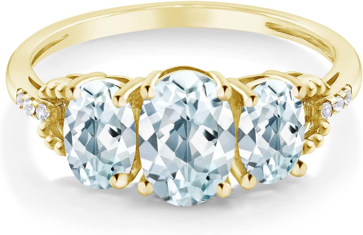 Gem Stone King 1.77 Cttw 10K Yellow Gold Oval Sky Blue Aquamarine and Diamond Accent Engagement Ring for Women | Gemstone Birthstone | Oval 7X5MM and 6X4MM - Image 2