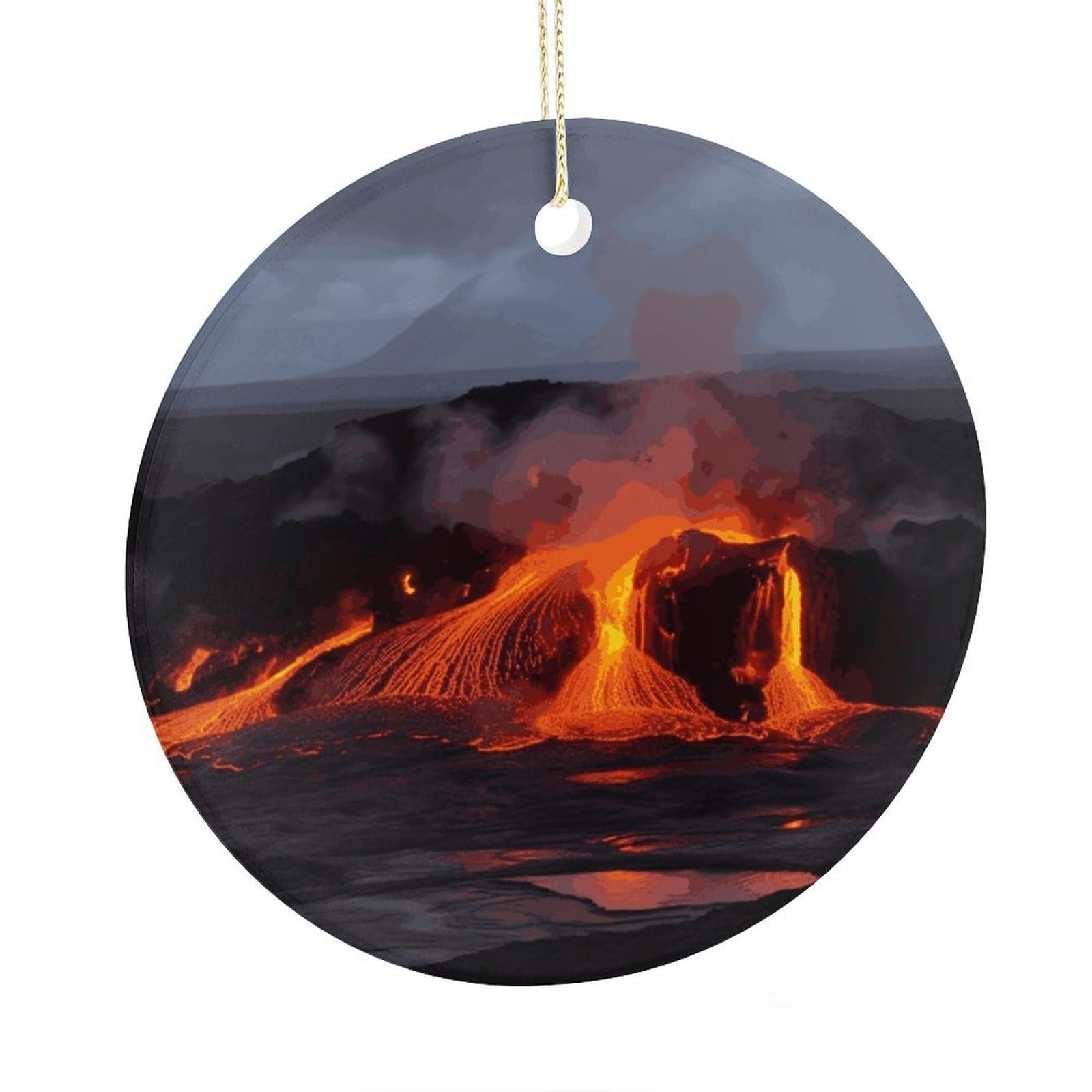 Fekiloot Style Kilauea Volcano Christmas Ornaments 2.9 Inch Round Ceramic Ornament Keepsake Thank You Gifts For Office, Room, Home - Holiday Present Ideas
