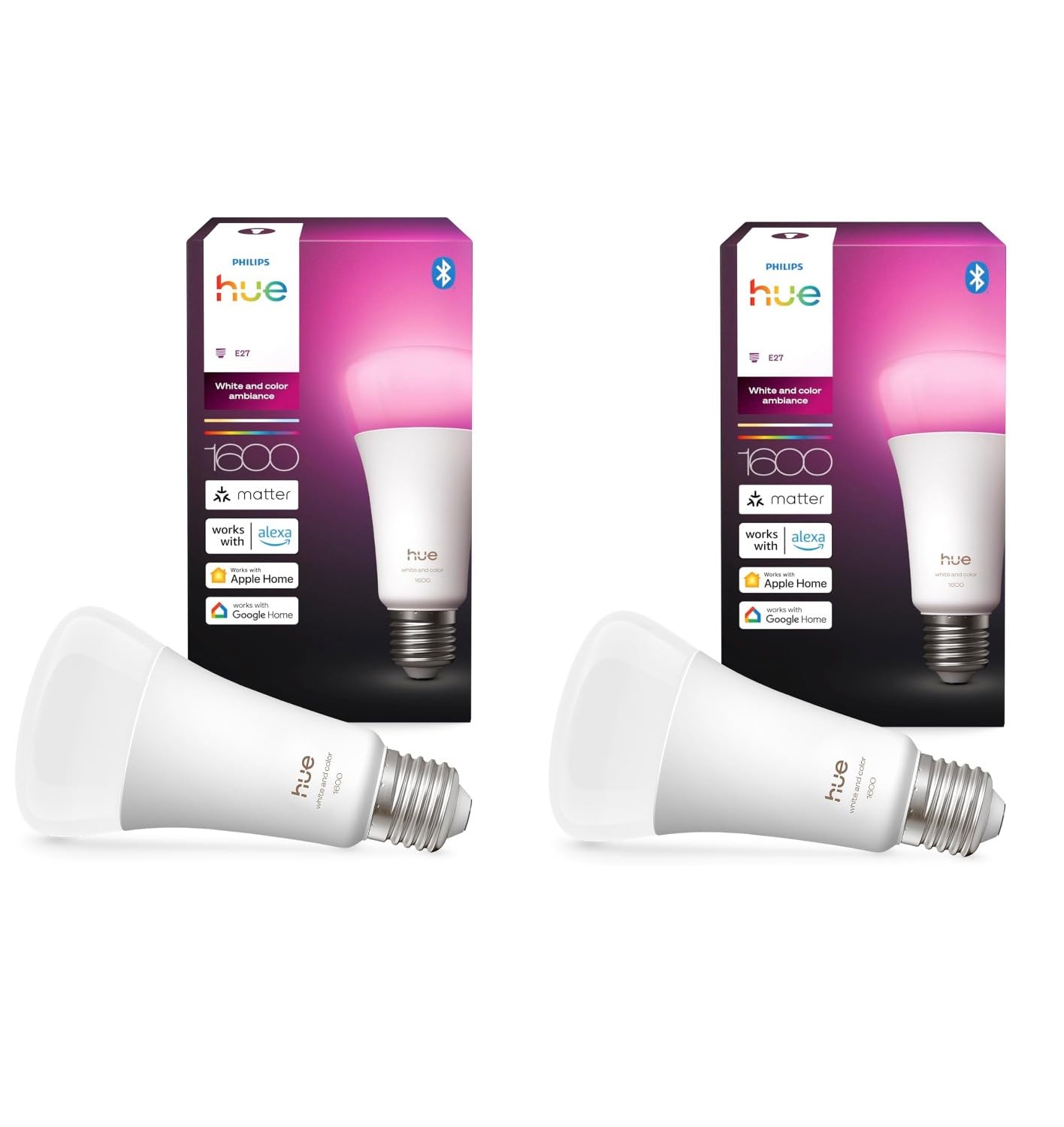 Philips Hue 2er Pack intelligente weiße und farbige Ambiance 1600 A67 E27 | Extra helle LED-Lampen mit variabler Intensität, 16 Mio. Farben, App- und Sprachsteuerung, funktioniert mit