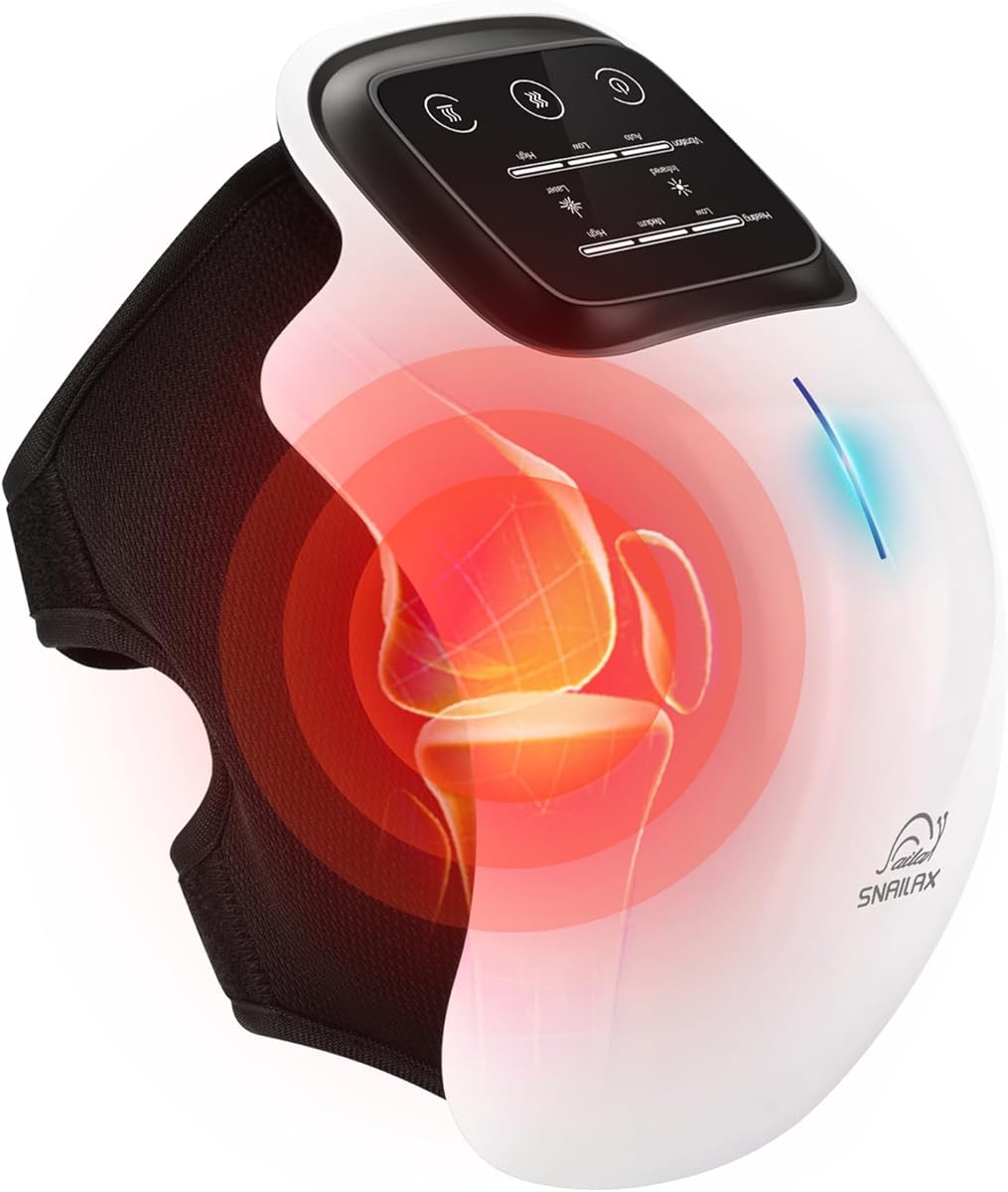 Snailax kabelloses Rotlicht-Kniemassagegerät mit Wärme für Arthritis Schwellungen Steifheit, Knie-Massagege mit 3 Temperaturen|3 Vibrationsmassage-Modi|Laser-& Infrarotfunktion|LED-Display|Starke Akku