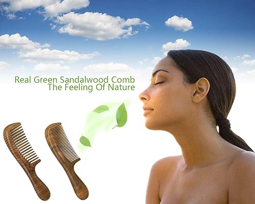 Miniatura 7 de Peine para el cabello Peine de dientes anchos de madera para cabello rizado desenredante Peine de sándalo verde