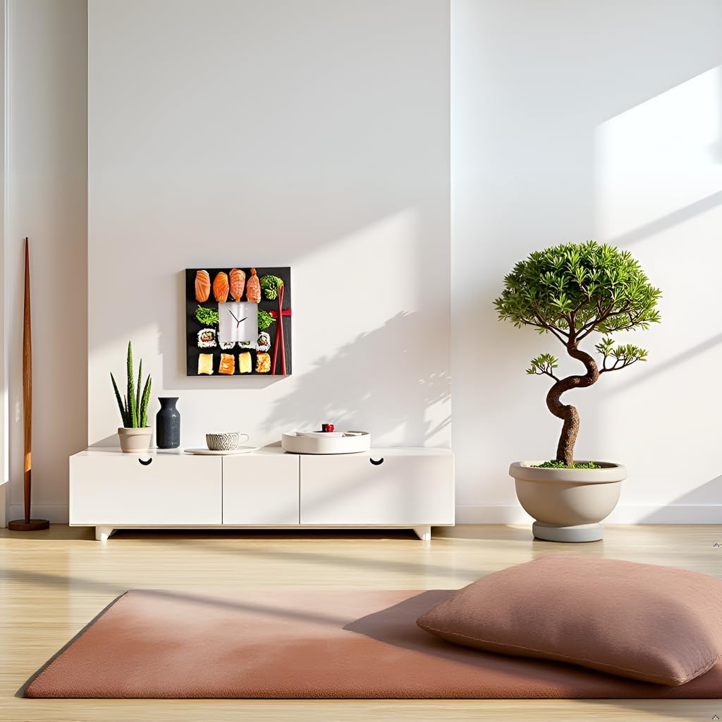 Sushi Wall Clock - Japanese Sashimi Roll Decor, White Square Framed - Kitchen & Bar Interior Design, Unique Gift for Sushi Lovers