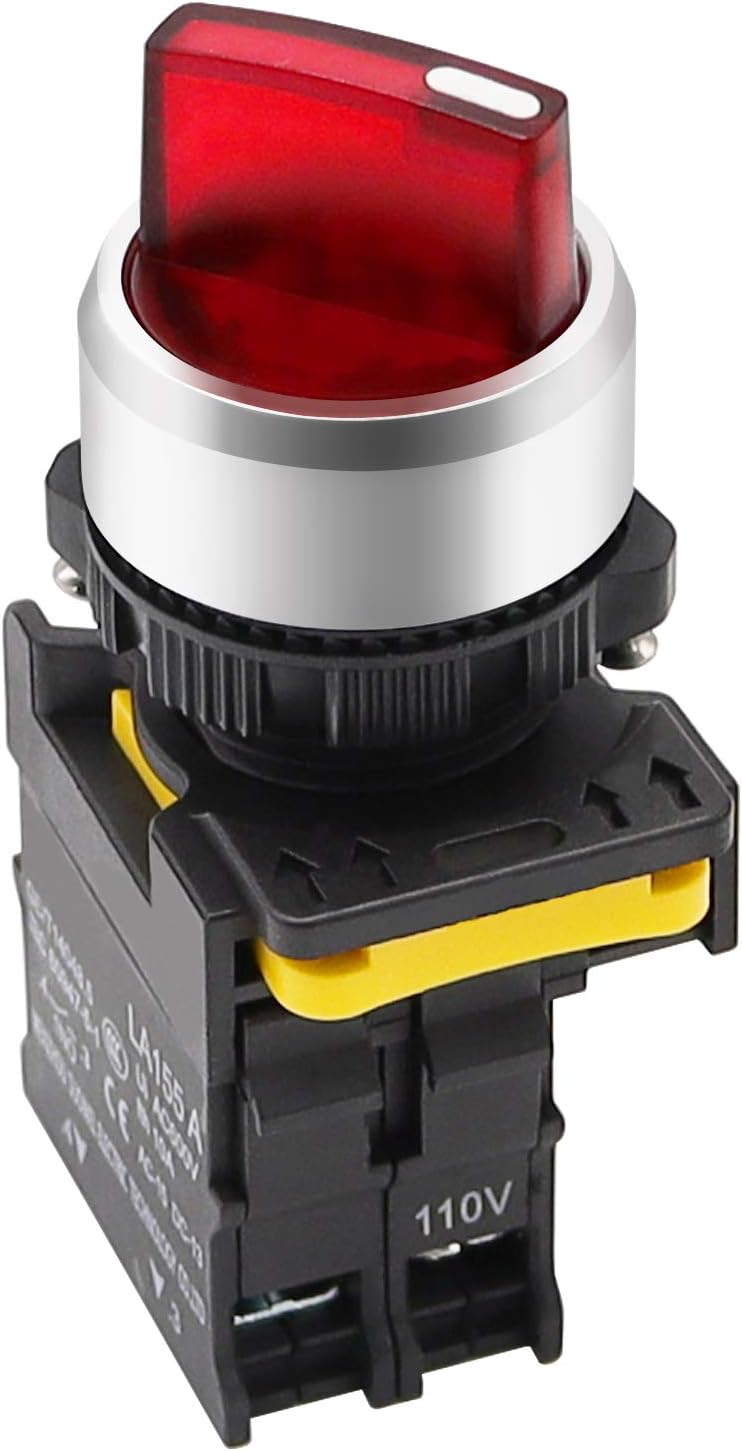 mxuteuk Red LED Light Voltage 110V-220V 22mm 1 NO 2 Positions Waterproof IP65 Latching Rotary Selector Switch 10A 600V LA155-A1-10XD-R