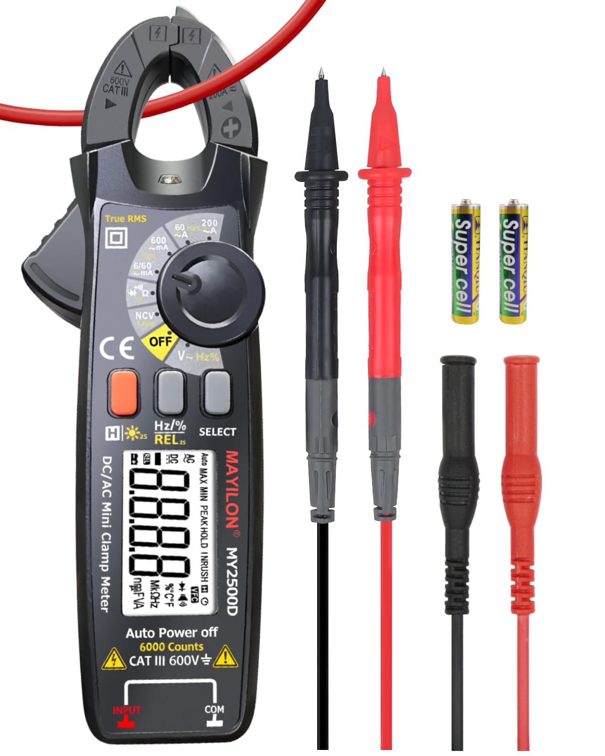Digital Clamp Meter, 6mA-200A AC/DC Low Current Clamp Meter, AC/DC Voltage Multimeter TRMS 6000 Counts Amp Voltage Tester Auto Ranging with Resistance Capacitance Continuity NCV Diode Frequency