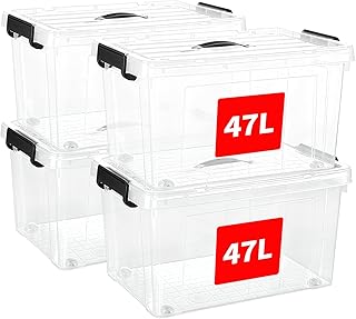 SKY-TOUCH 47 Liters Clear Plastic Storage Box with Lockable Lid & Wheels