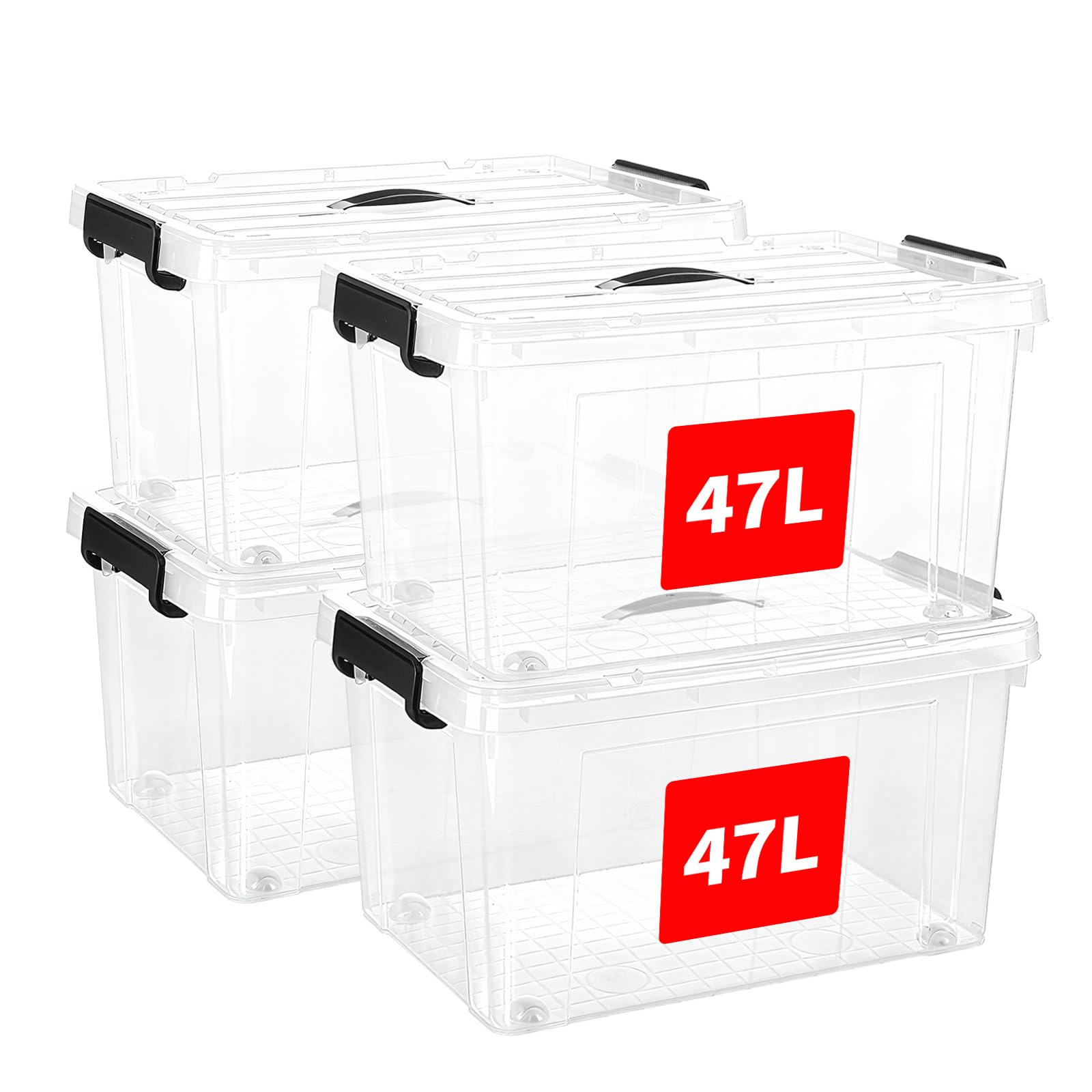 SKY-TOUCH 47 Liters Clear Plastic Storage Box with Lockable Lid & Wheels,Plastic Organizer Bin with Handles,48x28x35cm,4pcs