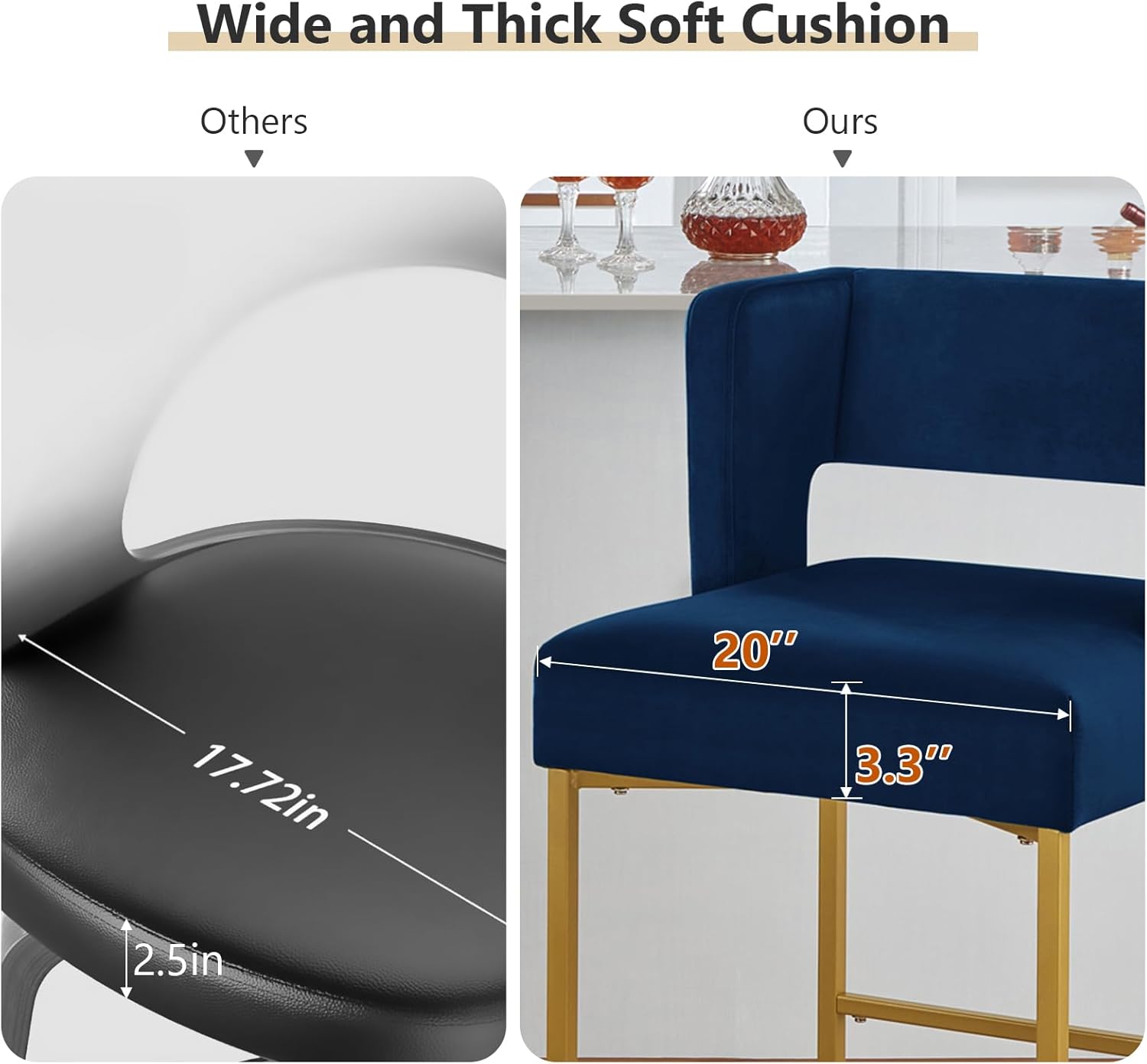 26 Inch Counter Height Bar Stools Set of 2 with Velvet Cushion and Back Modern Bar Chairs for Kitchen Island Counter Stools with Metal Leg for Restaurant Dining Room Office, Navy Blue and Gold