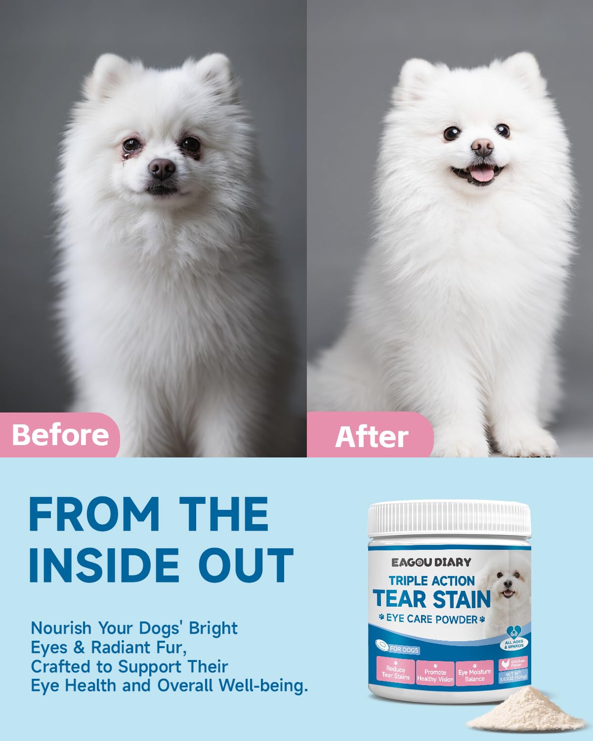 Removedor de Manchas de lágrimas para Perros, Suplemento para Manchas de lágrimas en Perros, para la Salud Ocular y el Cuidado del Pelaje Blanco, con Luteína, Manzanilla, Mezcla de Probióticos, 100g