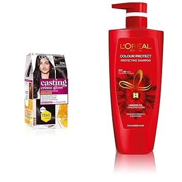 LOreal Paris Casting Creme Gloss Hair Color, Ebony Black 200, 87.5g+72ml & LOreal Paris Color Protect Shampoo, 640ml