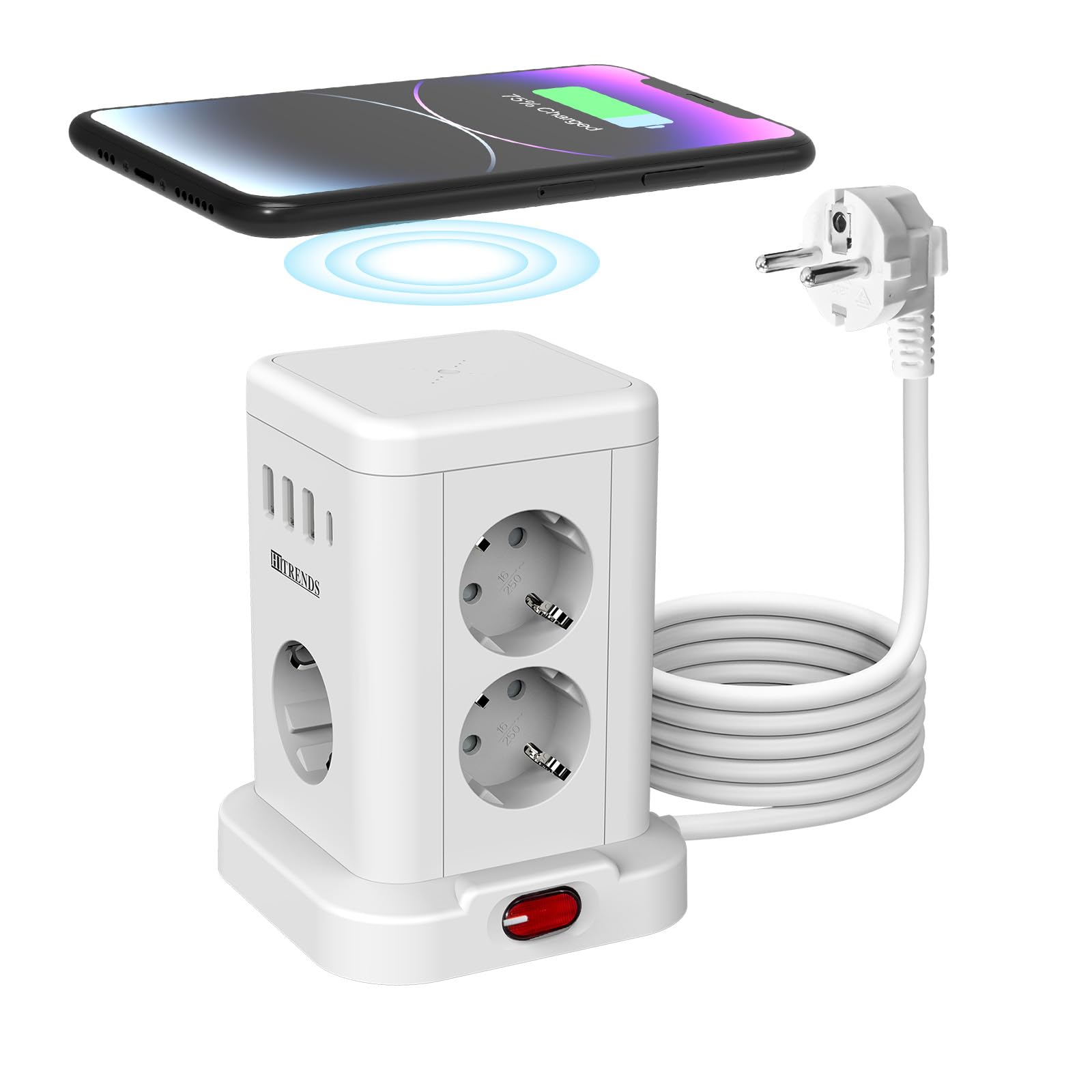 Torre de 7 enchufes con cargador inalámbrico, protección contra sobretensiones, interruptor, 10 A, 2300 W, regleta (7 Schuko + 4 USB), enchufe múltiple con cable de extensión de 2 m, para oficina