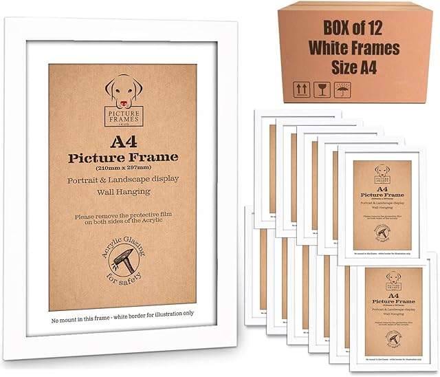 Box of 12 A4 Picture Frames - A4 White Frame, A4 Frame, A4 Photo Frames, A4 Frames, A4 Frame White, White A4 Frame, White Picture Frames, A4 Picture Frames for Wall, A4 Certificate Frames