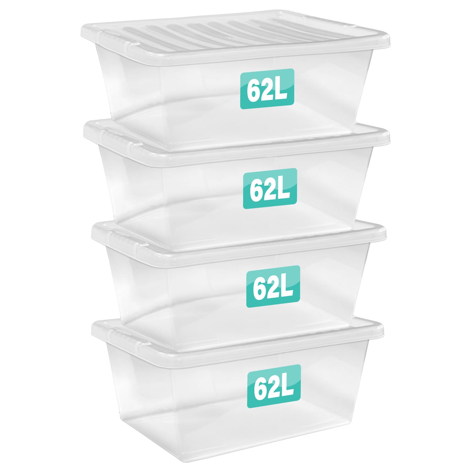 Optimal Products 4 x 62 Litre Storage Boxes With Lids Set of 4, Clear Multipurpose Nestable Stackable Plastic Storage Box With Lid Clear Containers For Home, Kitchen, Garage, Office, Accessories