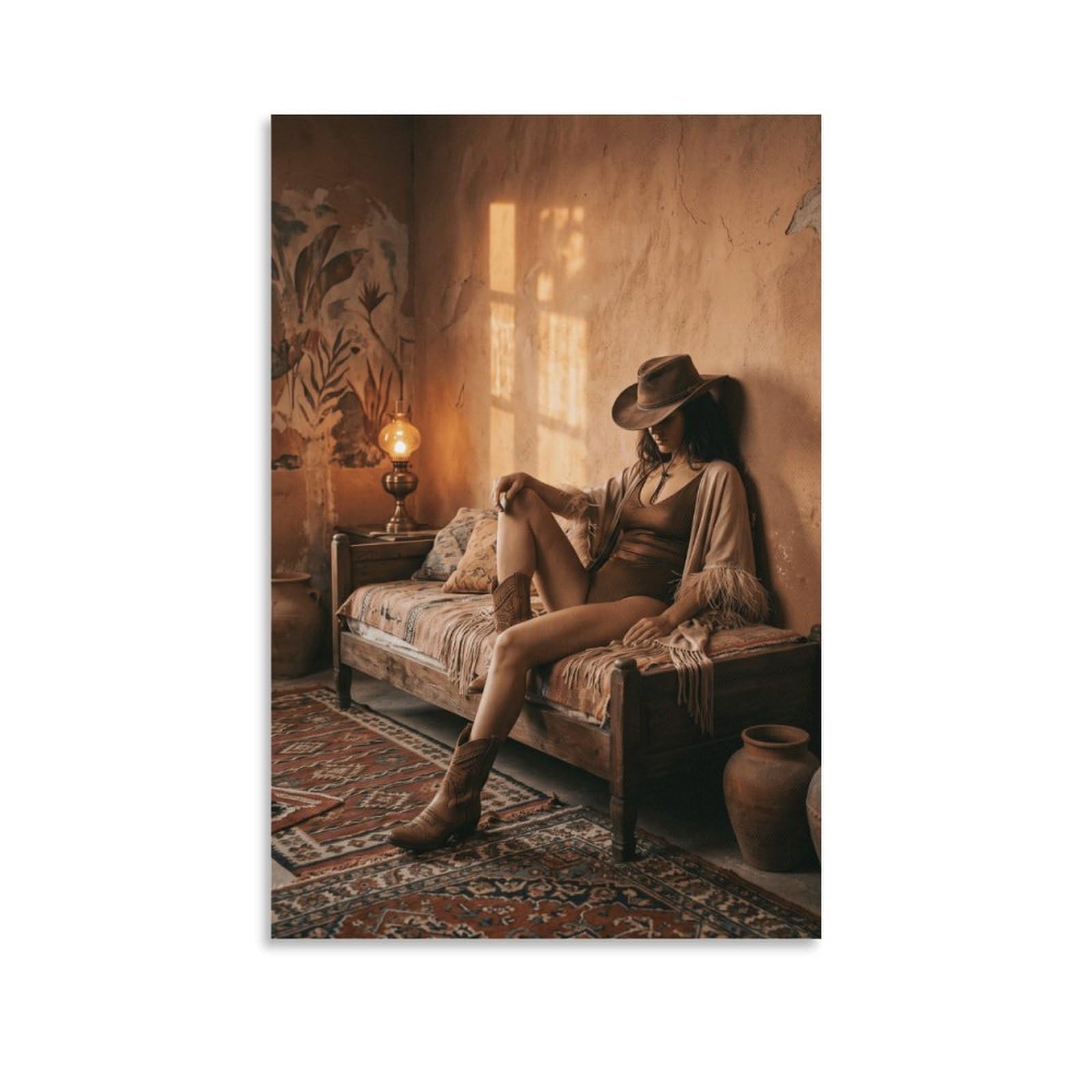 H3B8U2Y5 Boho Cowgirl Lounge Canvas Wall Art, Rustic Ranch Portrait