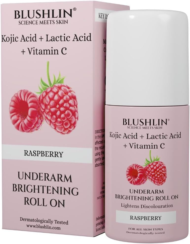 BLUSHLIN Kojic Acid UnderArm Brightening Roll on with AHA | Lactic Acid, Mandelic Acid, Raspberry, & Vitamin C | Prevents Body Odour, Fades Pigmentation, Kills Bacteria | Suitable for Sensitive Skin