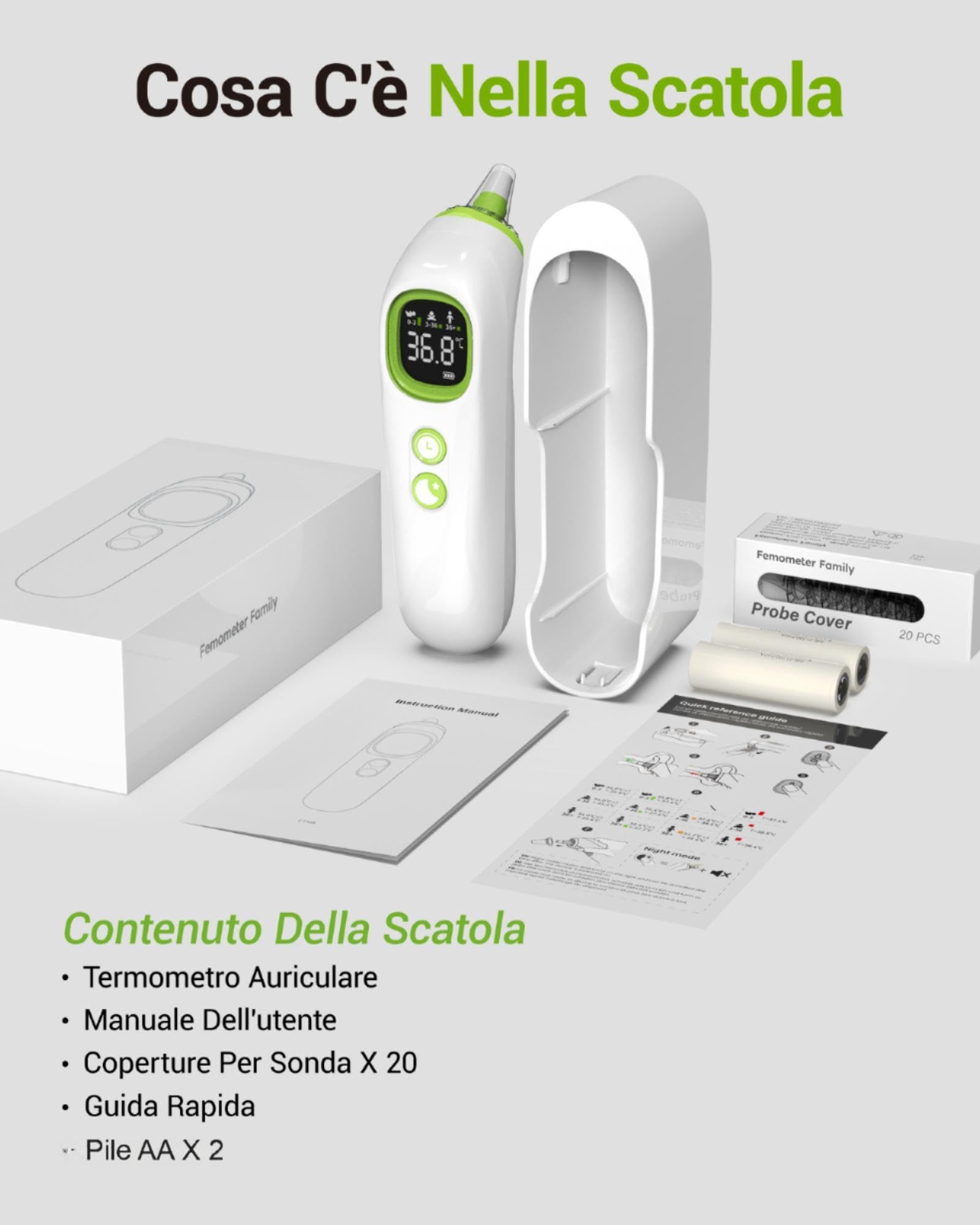 Termometro auricolare, termometri per orecchie per neonati, bambini e adulti, tecnologia Age Grouping, Sonde di preriscaldamento, con luce notturna, 21 coprisonde usa e getta