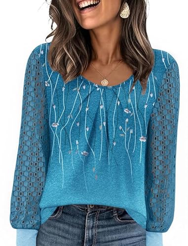 Misakia Women's Lace Long Sleeve Tops Crew Neck Pleated Tunic