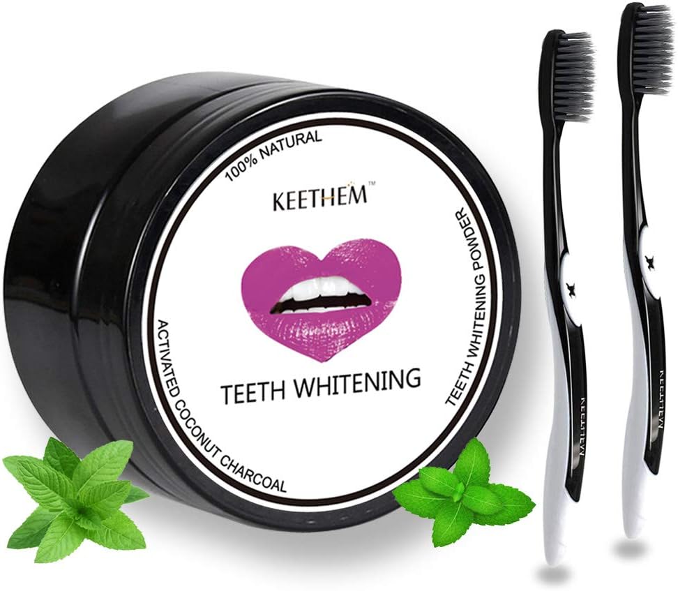 Charcoal Teeth Whitening, Keethem Teeth Whitening Natural Activated Charcoal Powder Toothpaste Kit with 2psc Charcoal Toothbrushes for Professional Home Teeth Whitening (One Box)