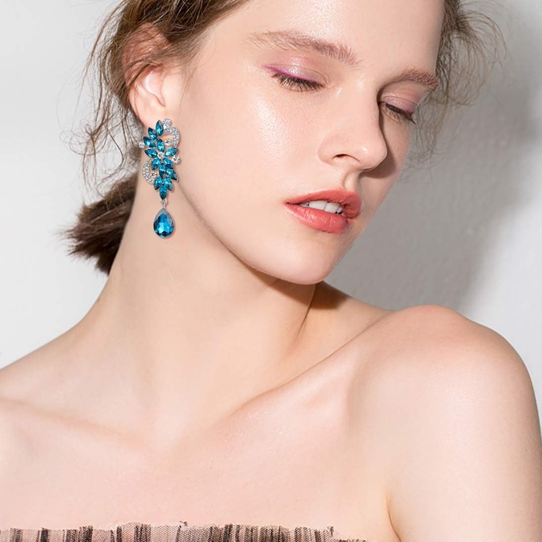 BriLove Women's Bohemian Boho Crystal Flower Wedding Bridal Chandelier Teardrop Bling Dangle Earrings - Image 2