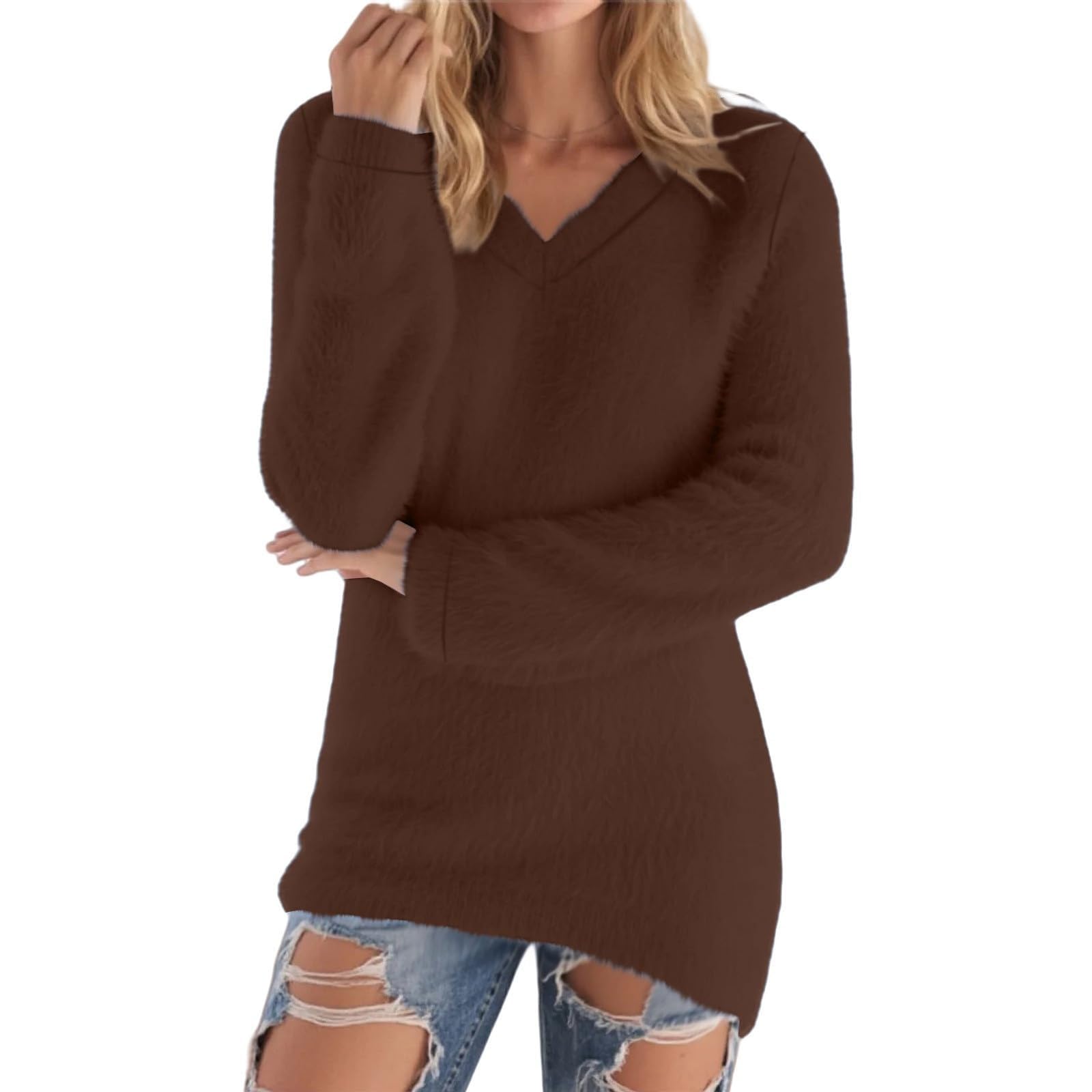 Womens Fuzzy Sweaters Long Sleeve V Neck Cozy Soft Casual Pullover Tops Fluffy Fleece Winter Warm Thermal Shirts