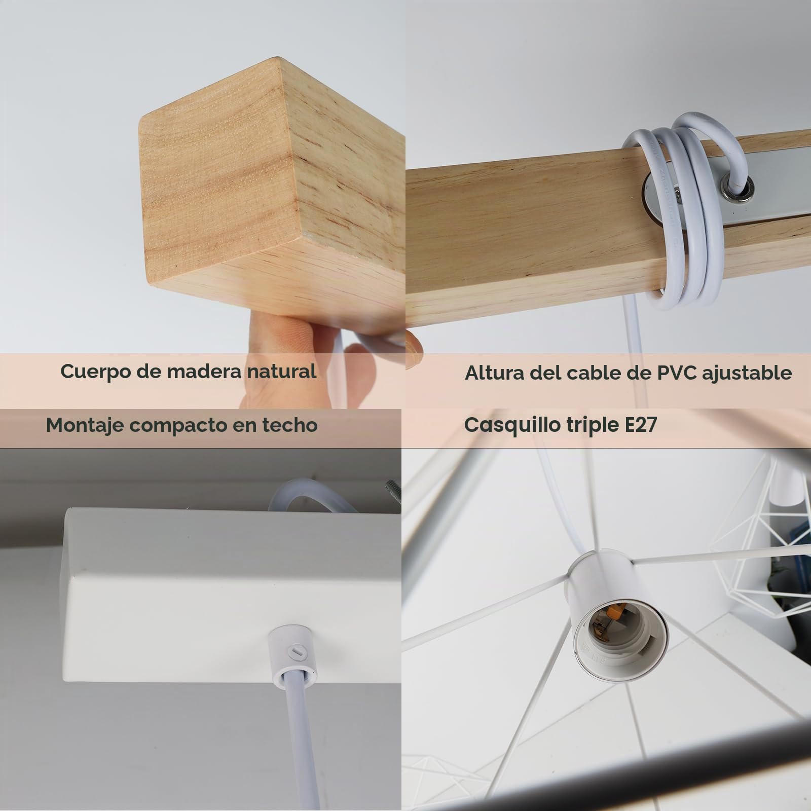 Alpinaluz Lámpara Colgante Lineal 3 Luces 75 cm de Madera Natural con 3 Pantallas de Jaula Metálica Blanca, 3x E27 y Altura Ajustable, Estilo Nórdico para Isla de Cocina, Comedor o Salón