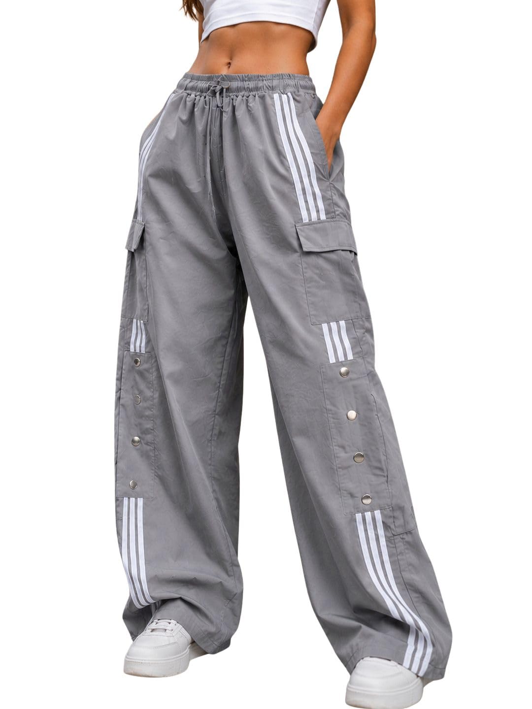 Women’s Grey Wide Leg Cargo Track Pants Stylish Streetwear Casual Striped Trousers-image-30