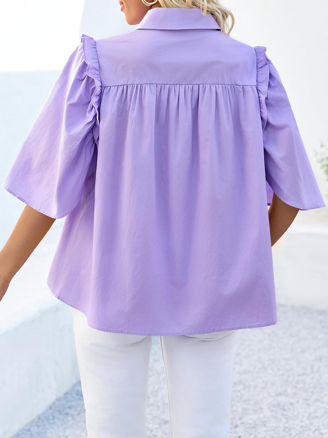 Cicy Bell Womens Summer Button Down Shirts Short Ruffle Puff Sleeve Cotton Blouses Dressy Casual Ladies Tops - Image 4