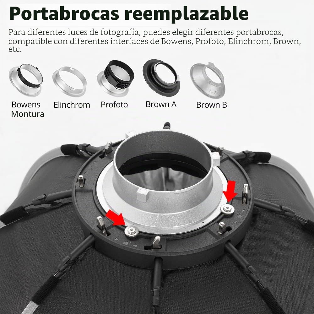 AMBITFUL Softbox con Montaje Bowens de instalación rápida + Rejilla de Nido de Abeja para Estudio fotográfico estroboscópico al Aire Libre (Octogonal de 90 cm)