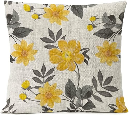 Miniatura 6 de FUNHOM Juego de 4 fundas de almohada florales grises y amarillas de 16 x 16 pulgadas, fundas de cojín de lino con hojas grises y flores, fundas de