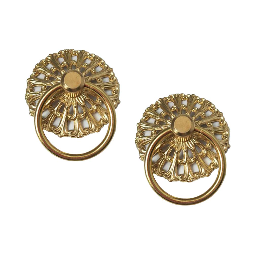 ZXFfhDHJH Drawer Handles, 2Pcs Antique Brass Hollow Pattern Pulls Handle Wardrobe Drawer Vintage Furniture Hardware Pure Copper Pull Ring(Gold)