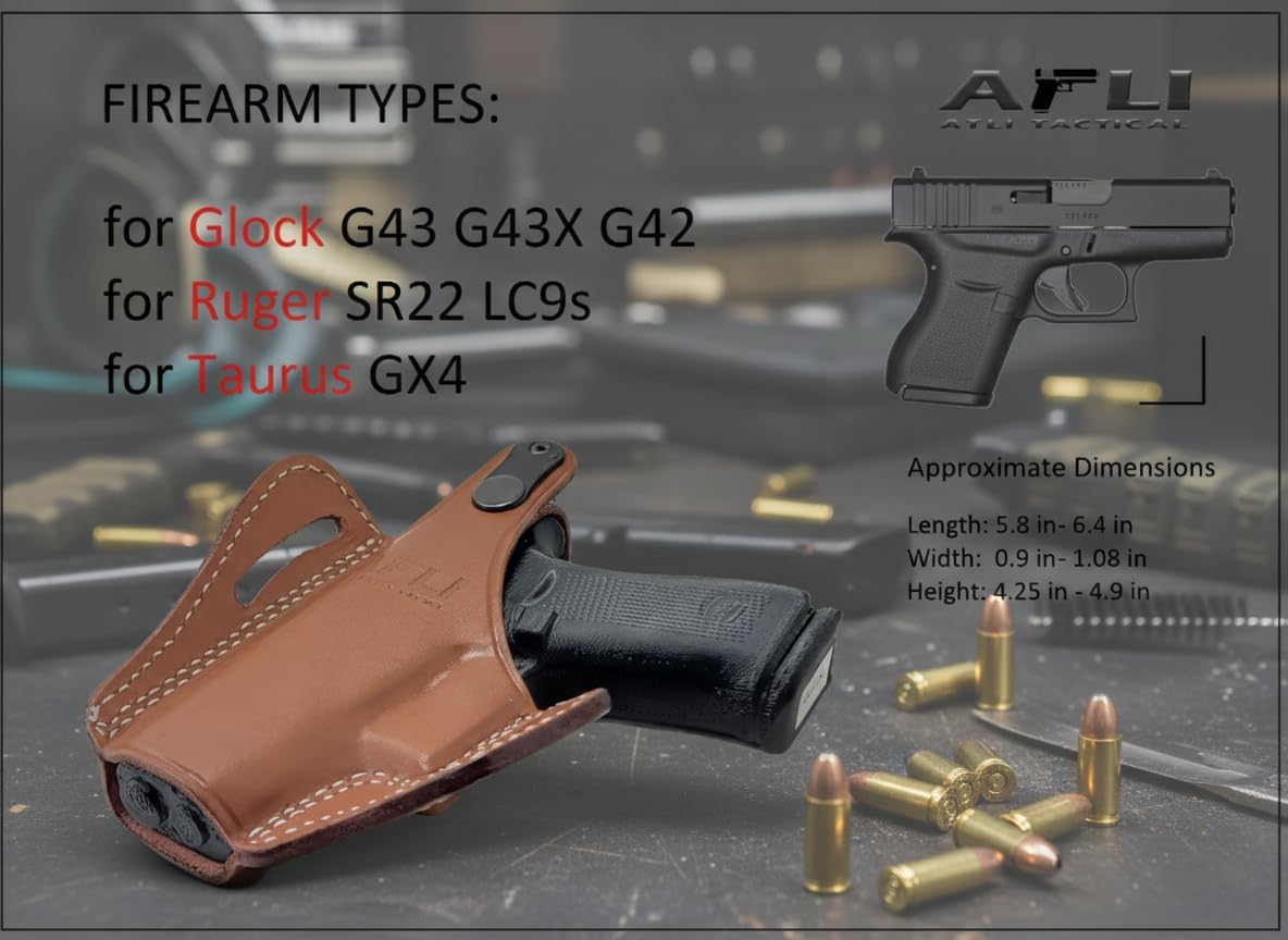 Leather OWB Holster for Glock 43 - OWB Holster for Glock 43x - for G42 43 43X 43X Mos, Rgr SR22 LC9s, Taurus GX4 Pistols - Leather Holsters for Glock 42 - Pancake Holsters Glock 43x Mos -Thumb Break