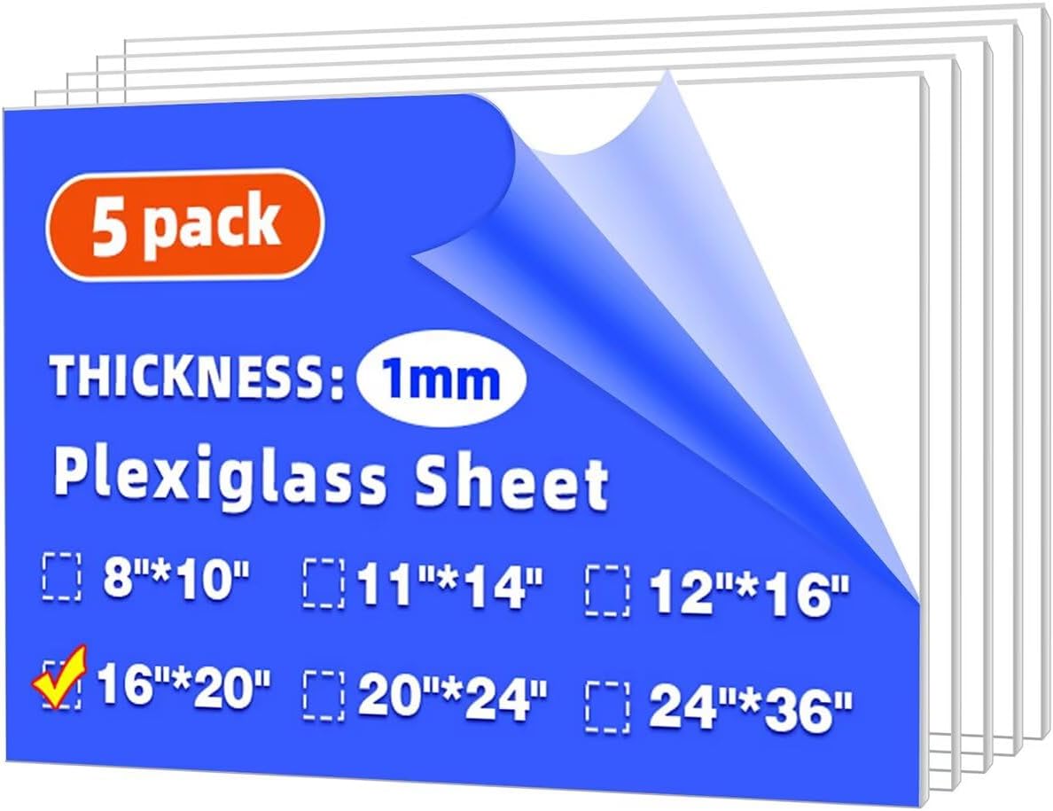 (5 Pack) 16" x 20" Plexiglass Sheets 1mm Thick, Clear Acrylic Sheets Panel Cut to Size Plexiglass Acrylic Board, Cut with Engraver, Power Saw or Hand Tools, No Laser Cut.