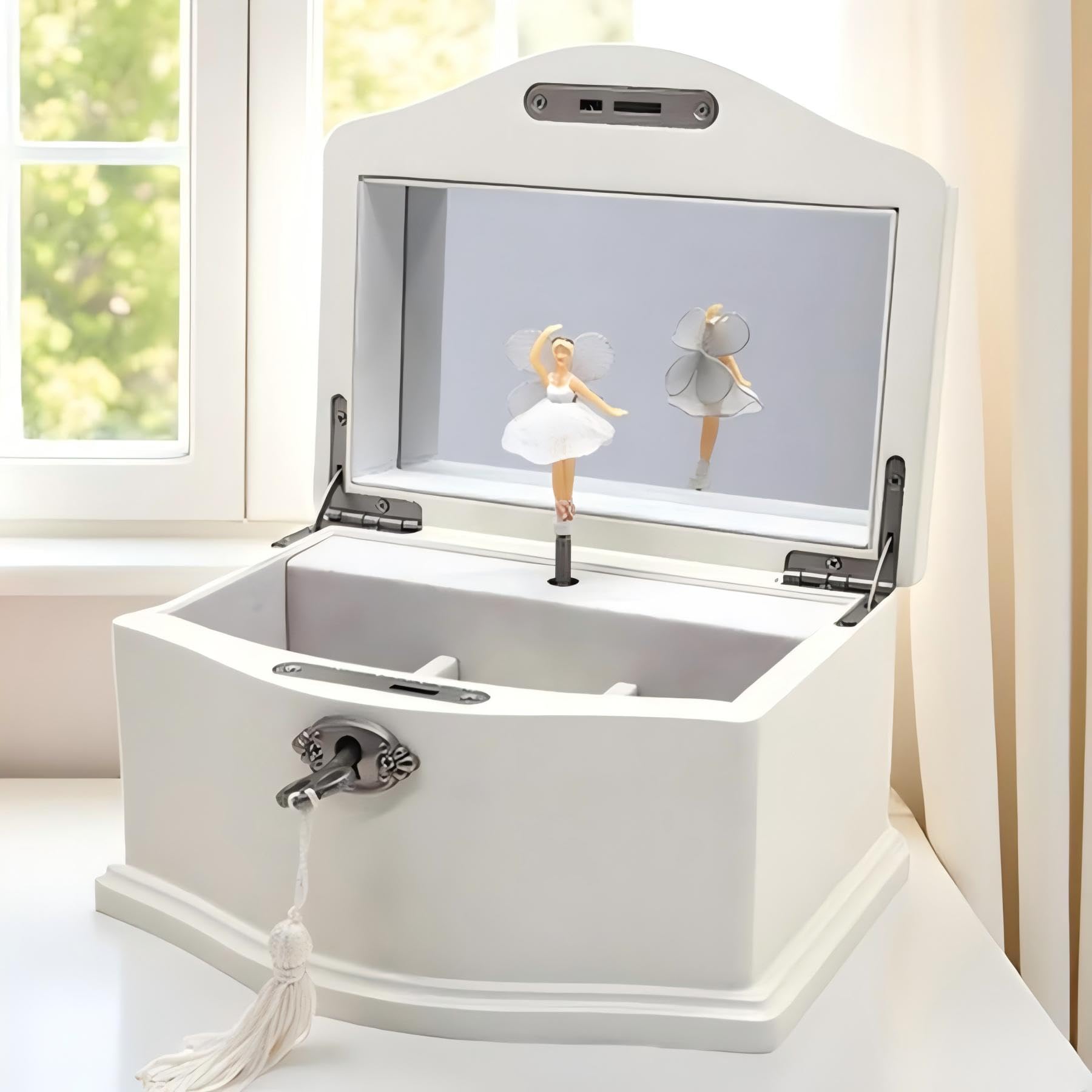 Lihou PapaQ White Ballerina Jewellery Box for Girls, Wooden Jewellery Storage with Mirror and Lock, Rotating Ballerina Music Box, Swan Lake Melody Ideal Gift for Christmas and Everyone