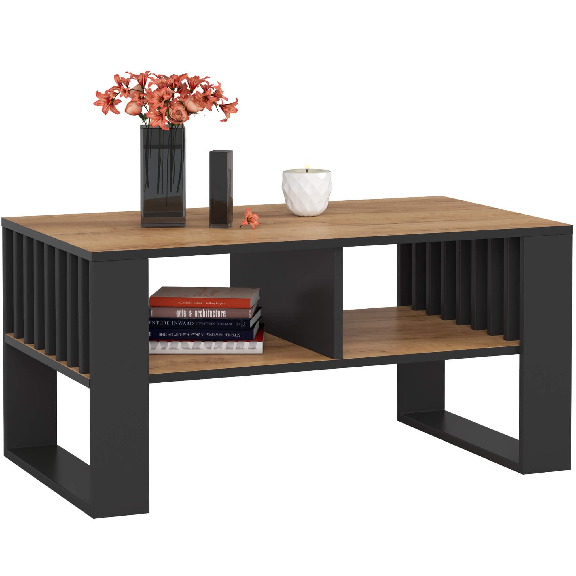 AKORD | Tavolino da Salotto in Legno - ROCKFORD | Tavolo da Caffè con gambe un Ripiano | Coffee Table | Tavolini Basso Moderno | Arredamento Casa | 92 x 45 x 53 cm | Rovere Artigianale & Nero