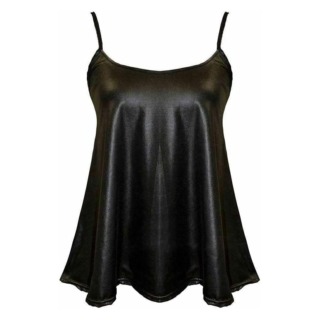 FASHION 7STAR Womens Faux Leather Sexy Sleeveless Strappy Cami Swing Top Tank Ladies Club Party Wear PVC Wet Look Stretchy Flared Camisole Vest Tops Black