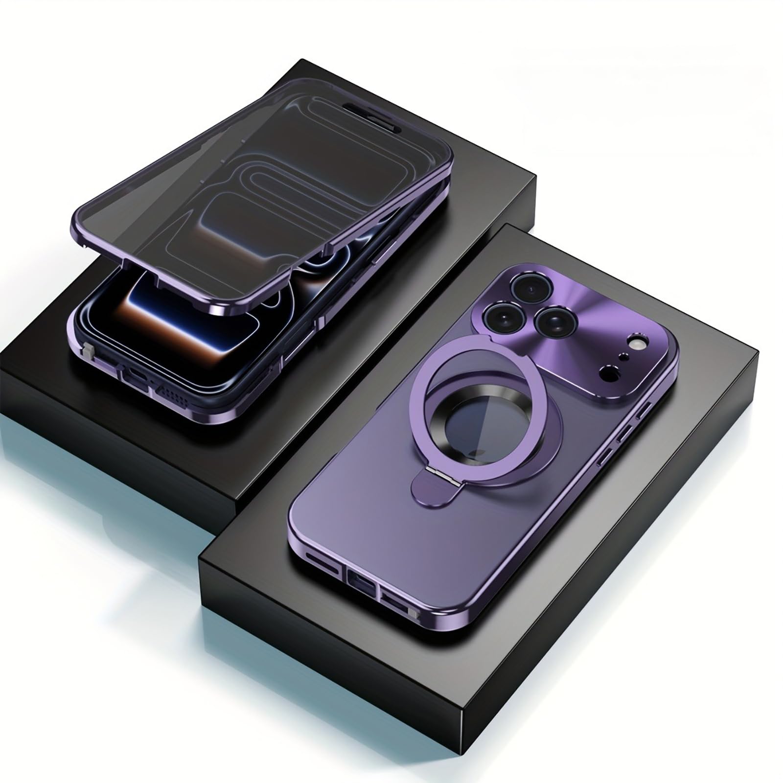 HUHUCASE for iPhone 17/16/15/14/13/12 Pro Max Magnetic Phone Case Metal Frame Full Coverage Anti-Peeping Glass with Bracket Protective Case (Purple,