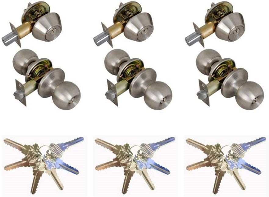 ED03C-3 Entry Door Knob Deadbolt Combo Lock Set with 6-Keys, Satin Stainless Steel, 3-Pack