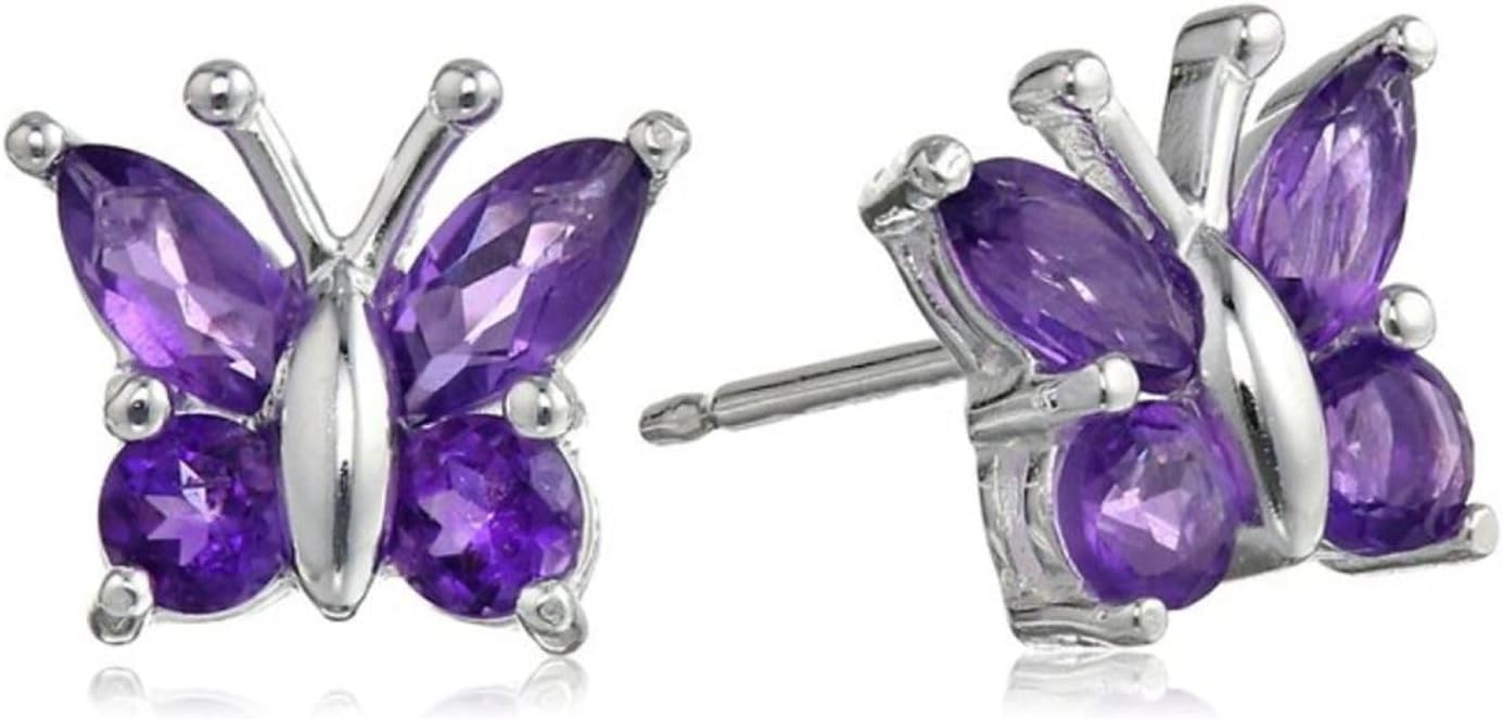 1 Pair Authentic Sterling Silver Stud Earrings Cubic Zirconia Diamond Gemstone Butterfly Flower Hypoallergenic Nickel Free Tarnish Resistant Women Jewelry