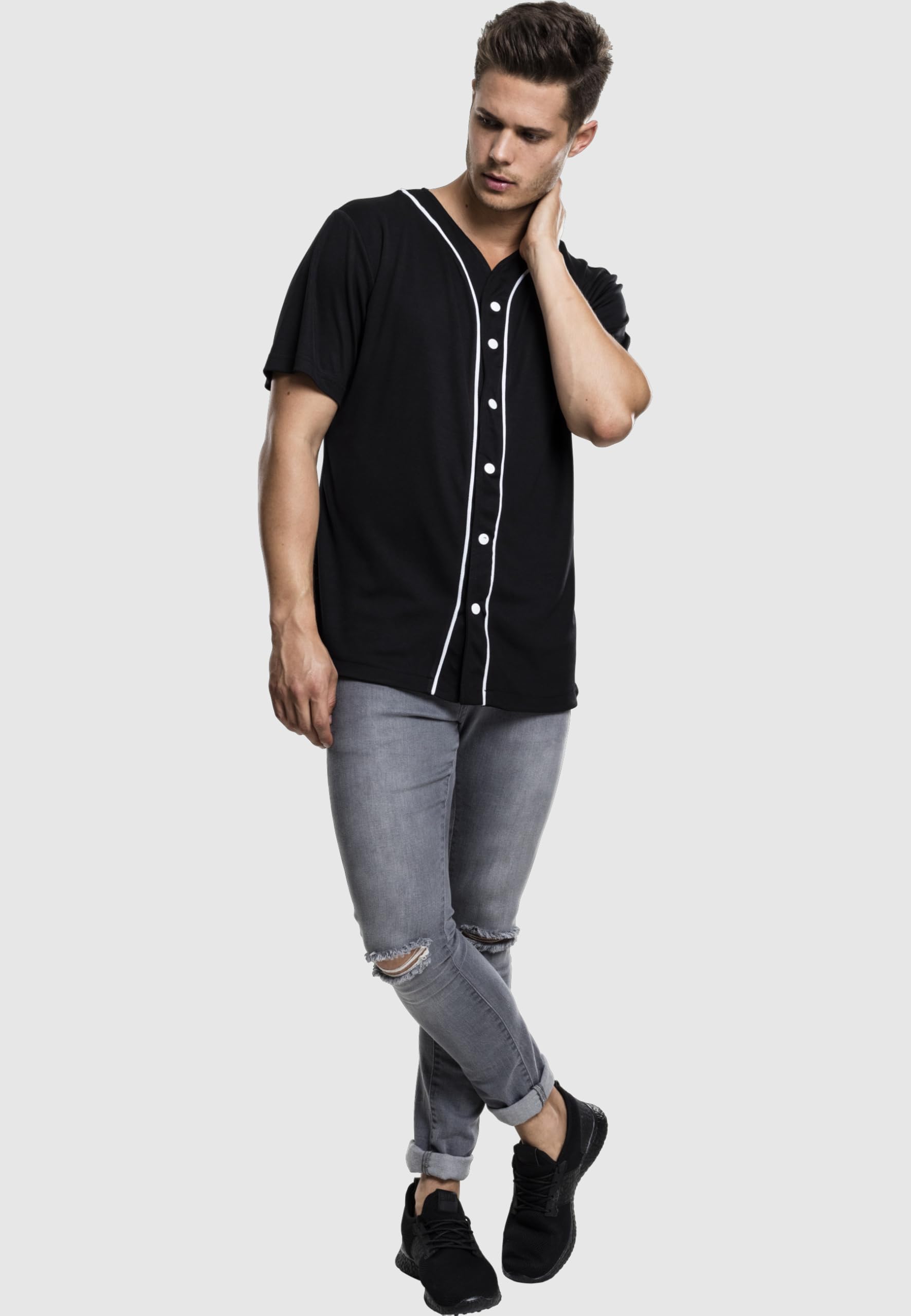 Urban Classics Koszula sportowa na co dzień, T-shirt w paski z krótkim rękawem z guzikami, dekolt w kształcie litery V, standardowy krój Mężczyźni Baseball Jersey