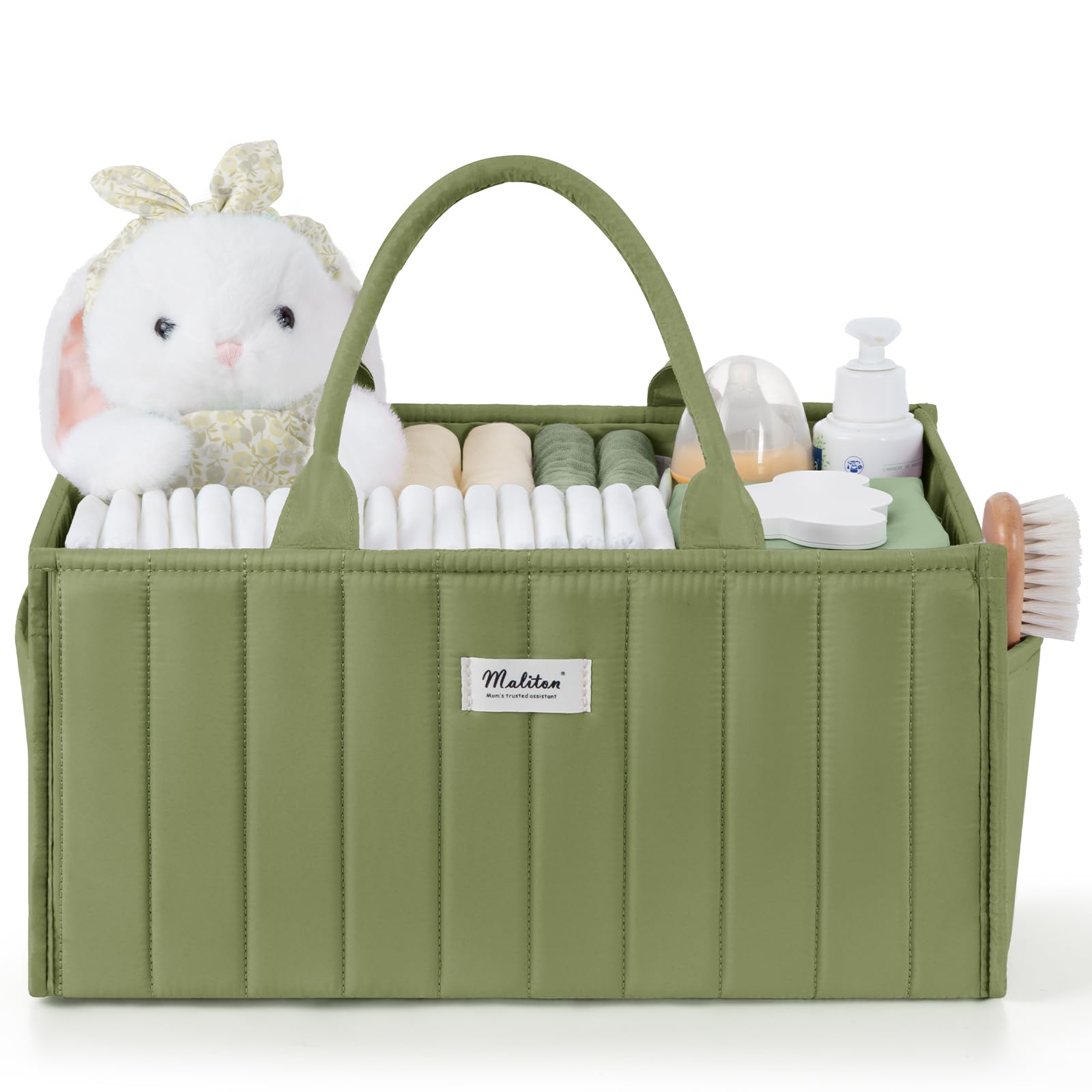 Maliton Nappy Caddy Organiser, Baby Changing Caddy with Removable Dividers and 2 Side Pockets, Portable Nursery Storage Basket for Nappies, Wipes, Bottles and Newborn Essentials for New Mum, Green