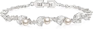 Cubic Zirconia Simulated Pearl Bridal Wedding Leaf Filigree Tennis Bracelet for Brides Bridesmaid Birthday Mothers Christmas Valentines Day Jewelry Gifts for Women