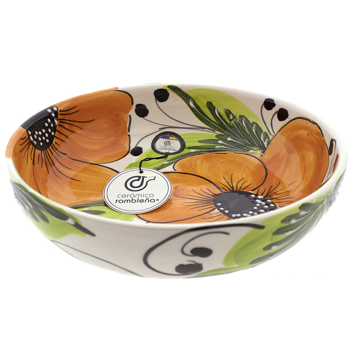 CERAMIKA RAMBLEŃSKA | Ceramiczna miska do sałatek | Oryginalne salaterki | Dekoracja salaterki z kwiatem pomarańczowym - model 27 | 100% ręcznie robiona dekoracja | 27x27x7 cm