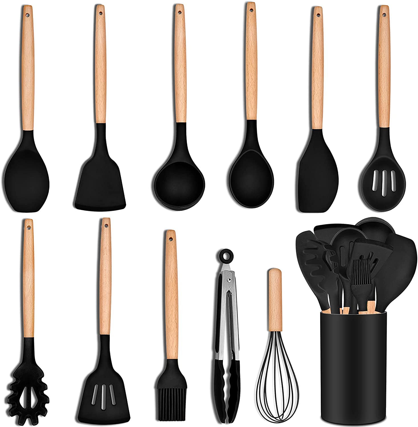 ALMEKAQUZ12PCS Cooking Kitchen Utensils, P&P CHEF Silicone Utensil Head with Wooden Handle, Turner, Ladle, Spoon, Spatula, Tong, Brush, and Holder, Heat-resistant & Non-scratch