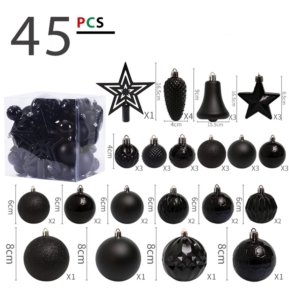 Fouriding 45pcs Christmas Ornaments Set, Shatterproof Plastic Baubles Balls Hanging Decorations for Xmas Tree Wreath, Garland (Black) - Image 2