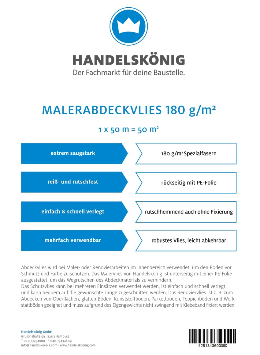 3 Rollen Handelskönig Malerabdeckvlies 50 m² ca. 180 g/m² Vlies Bodenvlies Renoviervlies Abdeckvlies Malervlies Schutzvlies