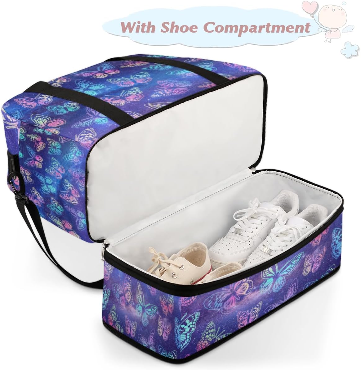 QsirBC Adorable Butterflies Design Gym Bag for Women Duffle Tote with Shoes Compartment Men Weekender Duffel for Dance Travel Sports Swimming Overnight