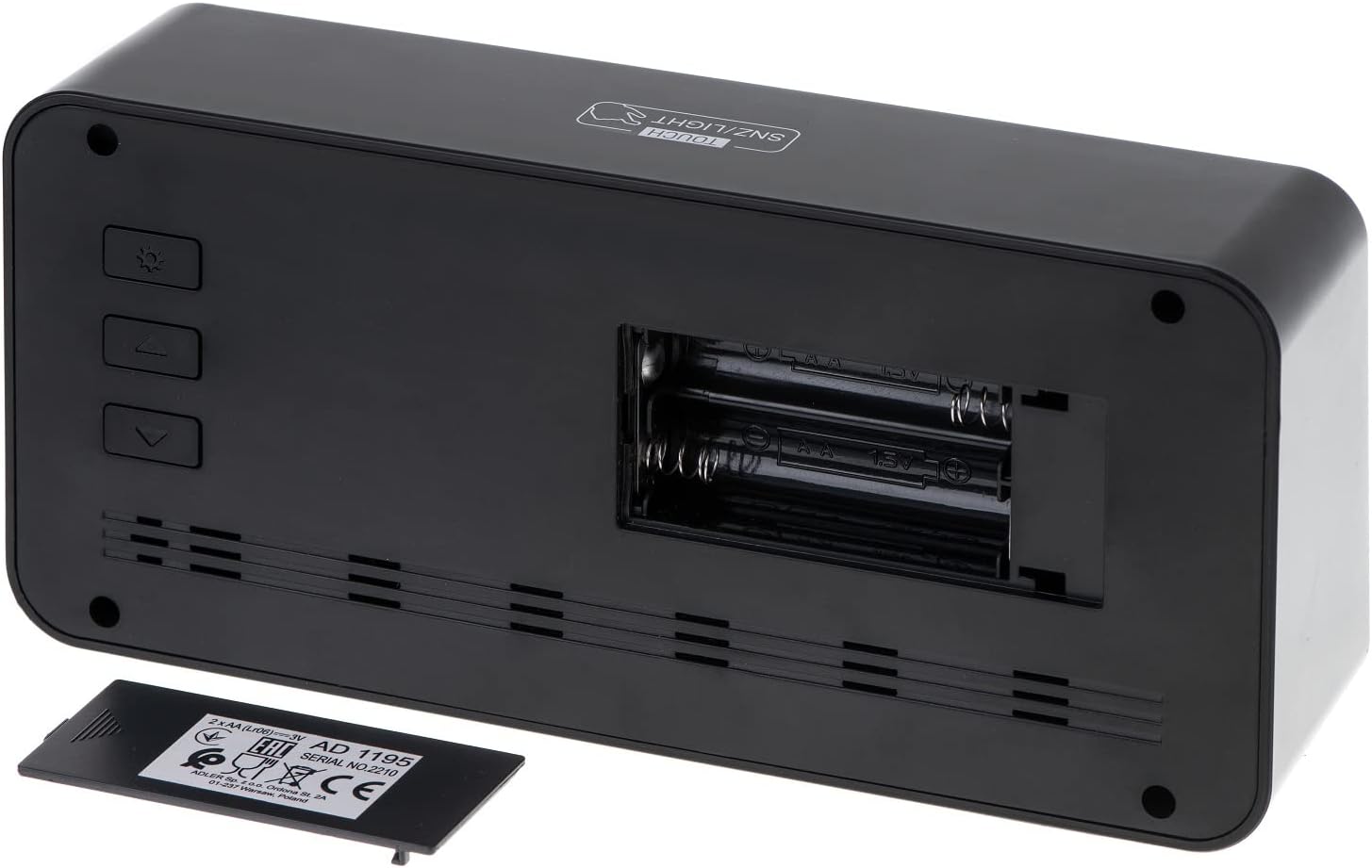 belakang view Jam Penggera ADLER AD 1195 dengan petak bateri terbuka, menunjukkan slot untuk dua bateri AA.