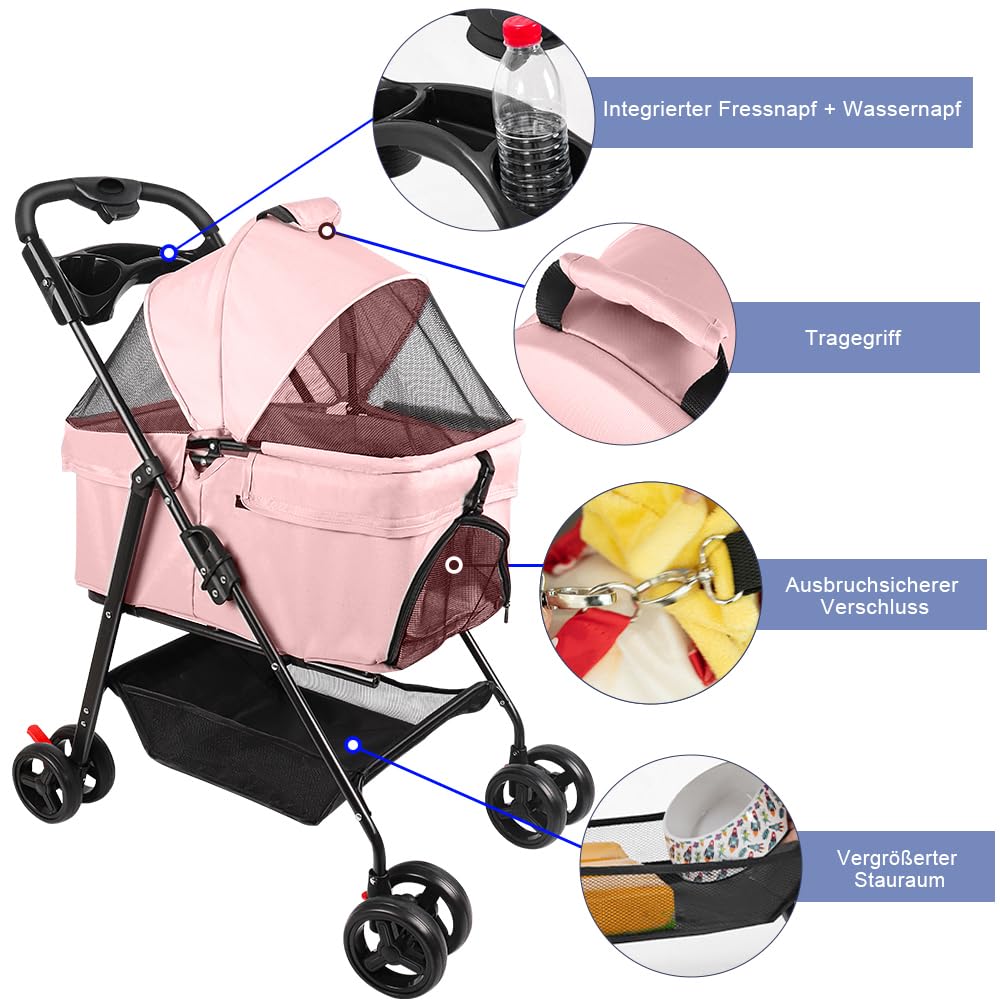 Carrito plegable para mascotas, carrito plegable impermeable para perros y gatos, techo extraíble incluido, portavasos, cesta de almacenamiento, ruedas con freno, 50 x 65 x 99 cm (rosa)