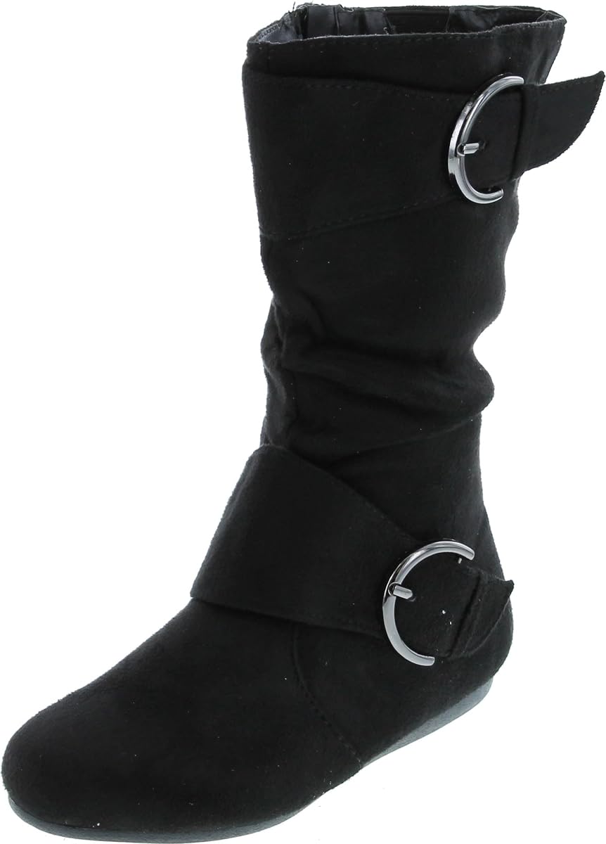 Link Klein-70K Girl's Kid's Faux Suede Two Buckle Zipper Flat Heel Mid Calf Slouchy Boot Shoes