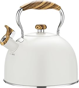 2.6 Quart Tea Kettle Stovetop Whistling for Stove Top Food Grade Stainless Steel Tea Kettles with Cool Wood Pattern Handle, Cream